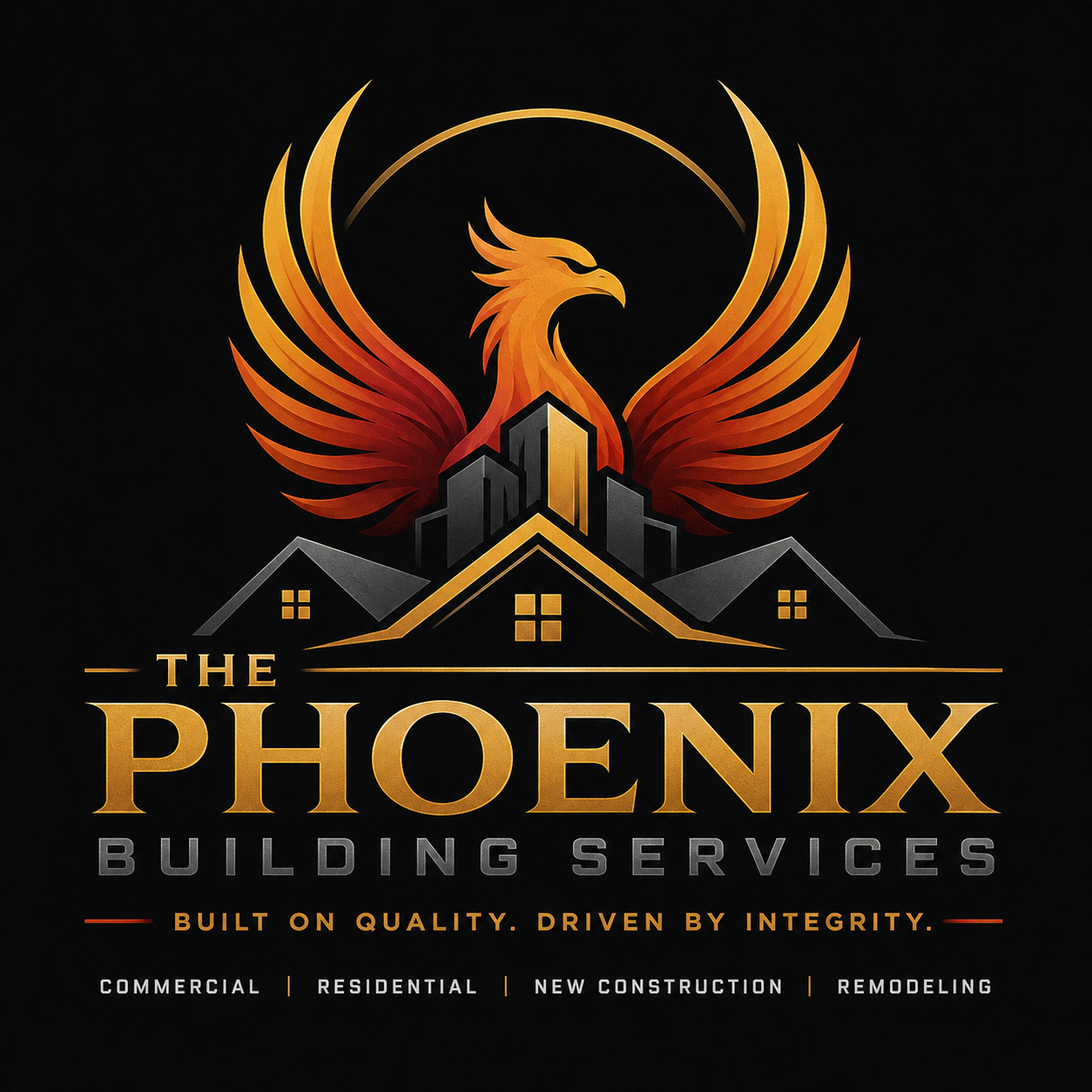 The Phoenix Building Services logo featuring a gold phoenix above residential and commercial buildings.